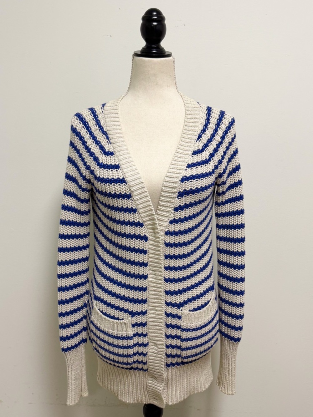 J Crew Cream Blue Purple Stripe Deep V Neck Snap Button Longer Sweater Cardigan